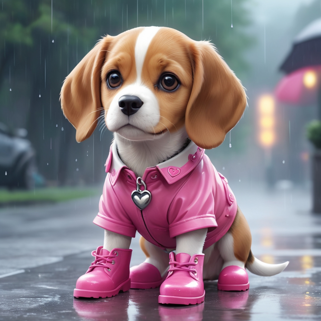 AI generated picture of Popcorn the Beagle wearing pink boots, jacket and a heart medallion.