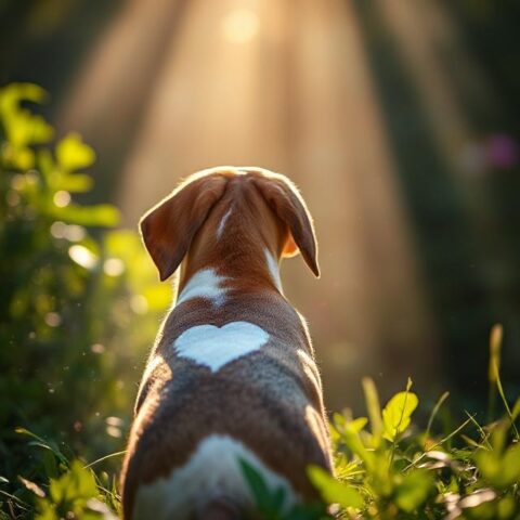 Popcorn the Beagle sitting in a field as sunlight streams down.
