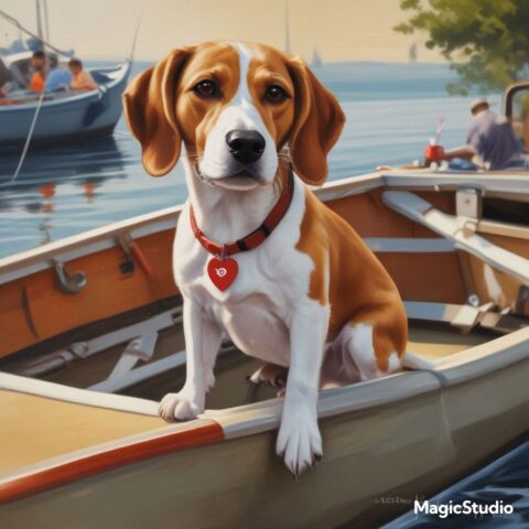 AI generated picture of Popcorn the Beagle sitting in a boat