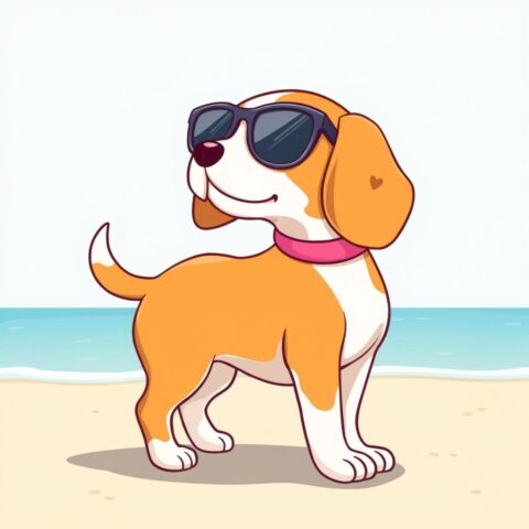 Popcorn the Beagle wearing sunglasses at the beach.