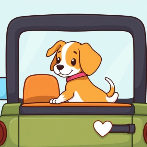 Popcorn the Beagle going for a ride in a Jeep
