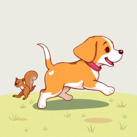 Popcorn the Beagle playing in the grass with a friendly squirrel.