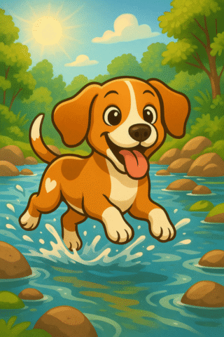 Popcorn the Beagle playing in a stream on a sunny day.